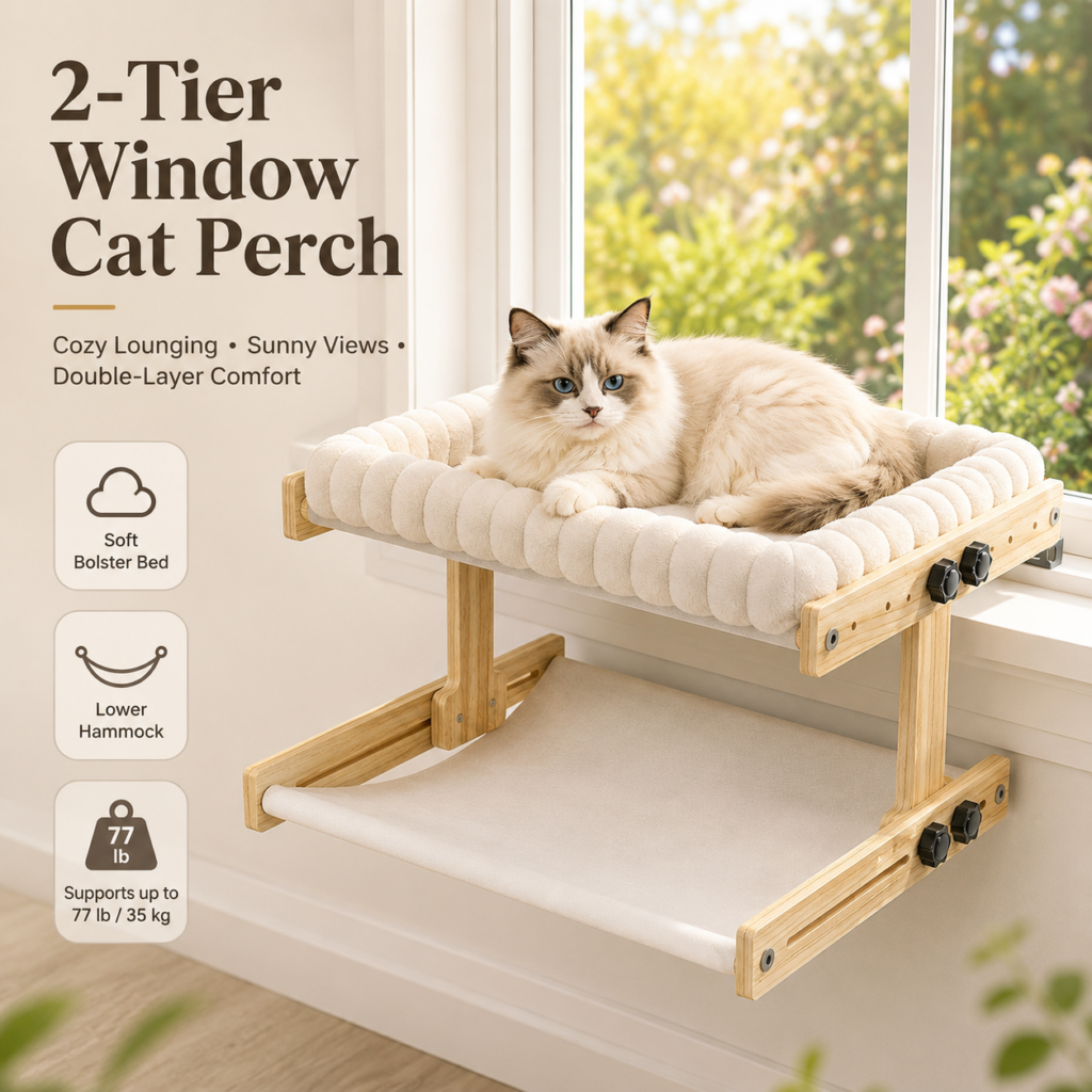Double-Layer Wooden Cat Window Perch for Cats CW-019